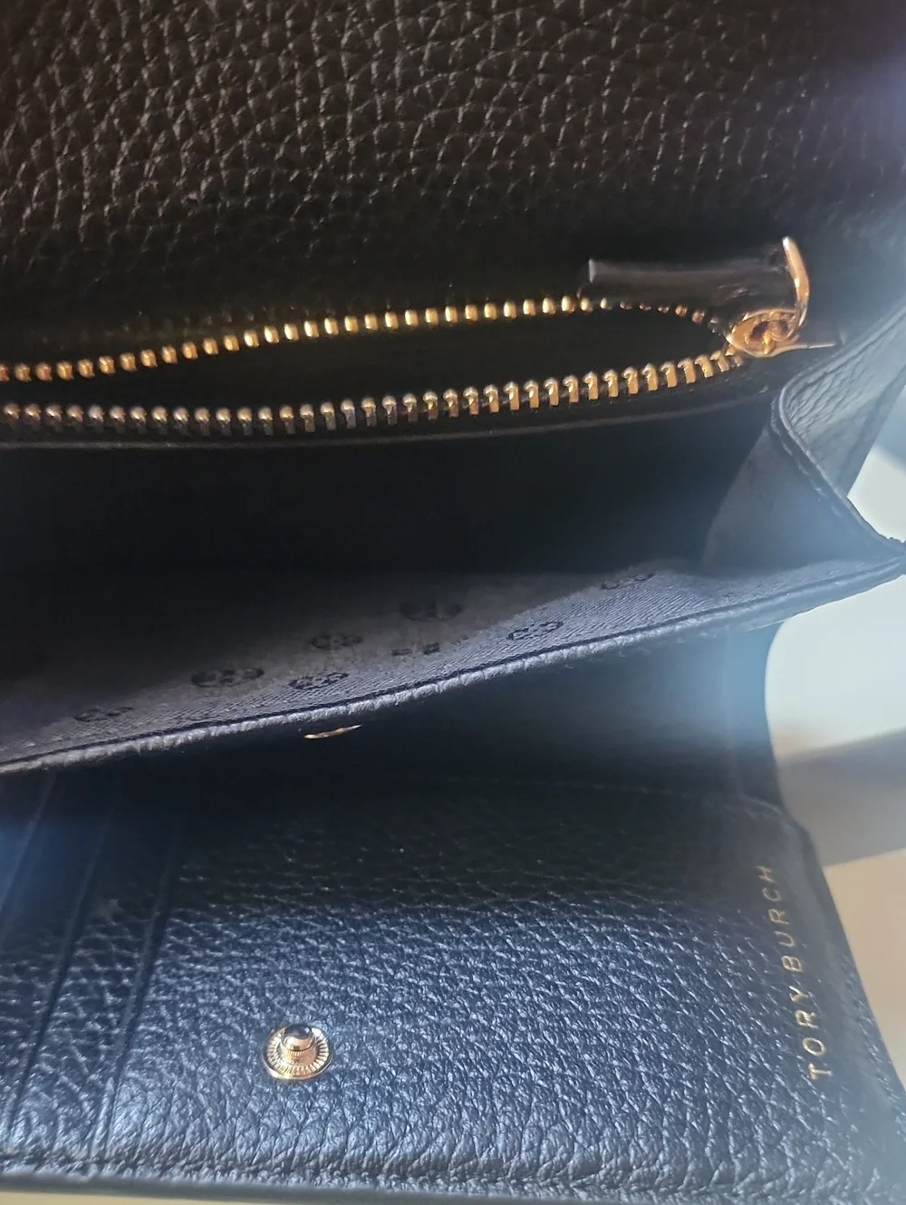 Tory Burch Black Pebbled Leather Thea Medium Flap Wallet with Gold Hardware